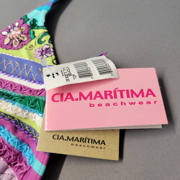 Cia Maritima Bikini Top Womens Medium Embroidered Beaded Floral Stripe Swimwear - Picture 2 of 16